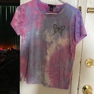 Pink and purple tie-dye shirt with butterfly on front and back